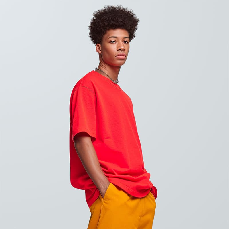Man in red shirt
